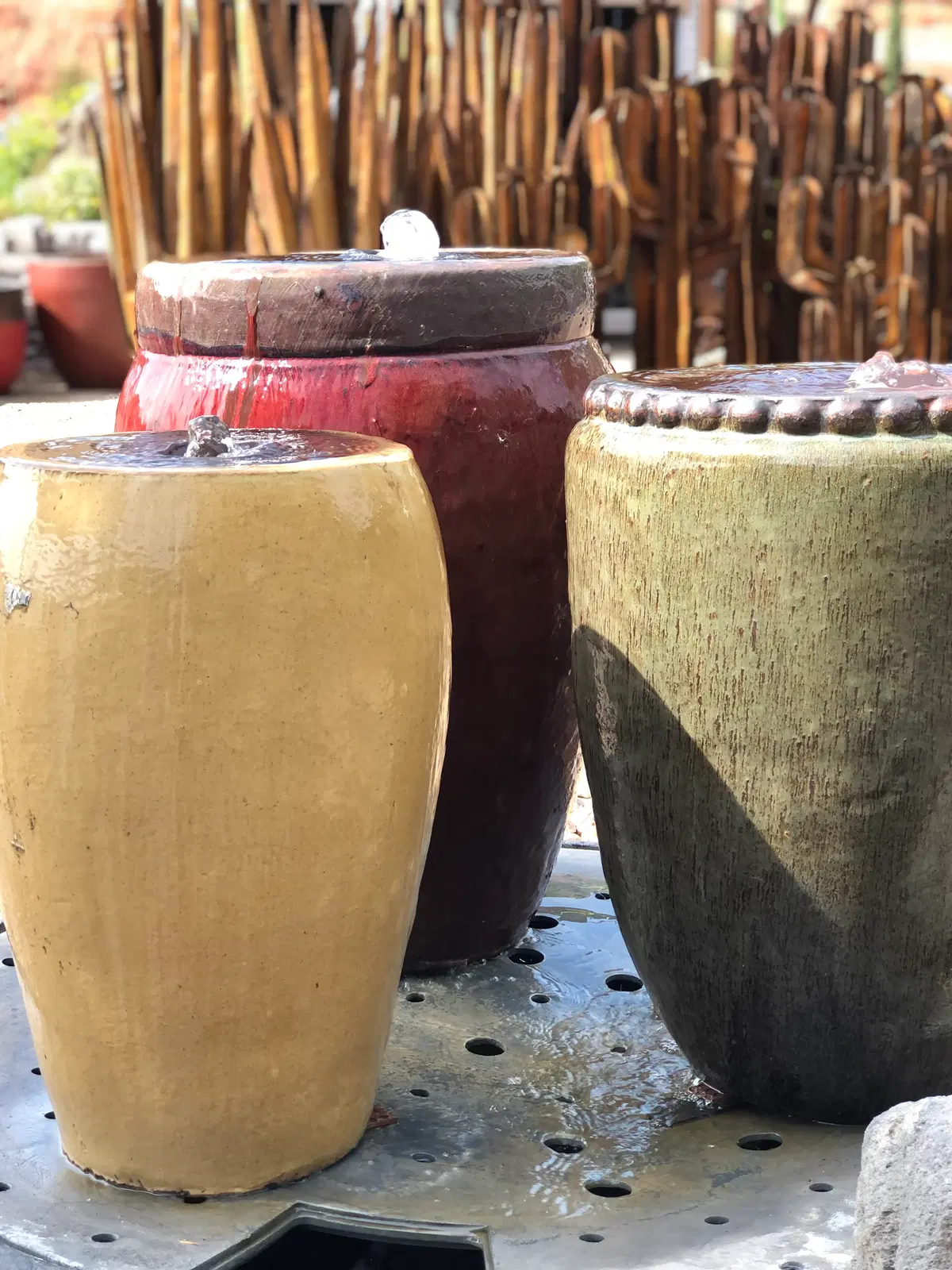 Triple fountain multi-colored pottery