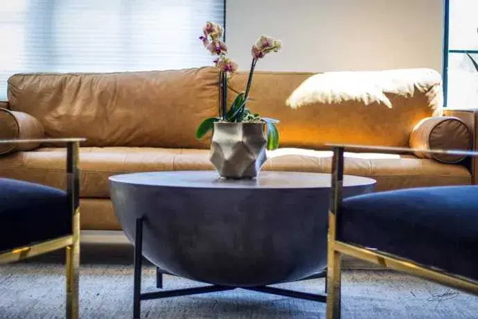a flower in a metallic pot on a coffee table in front of a couch