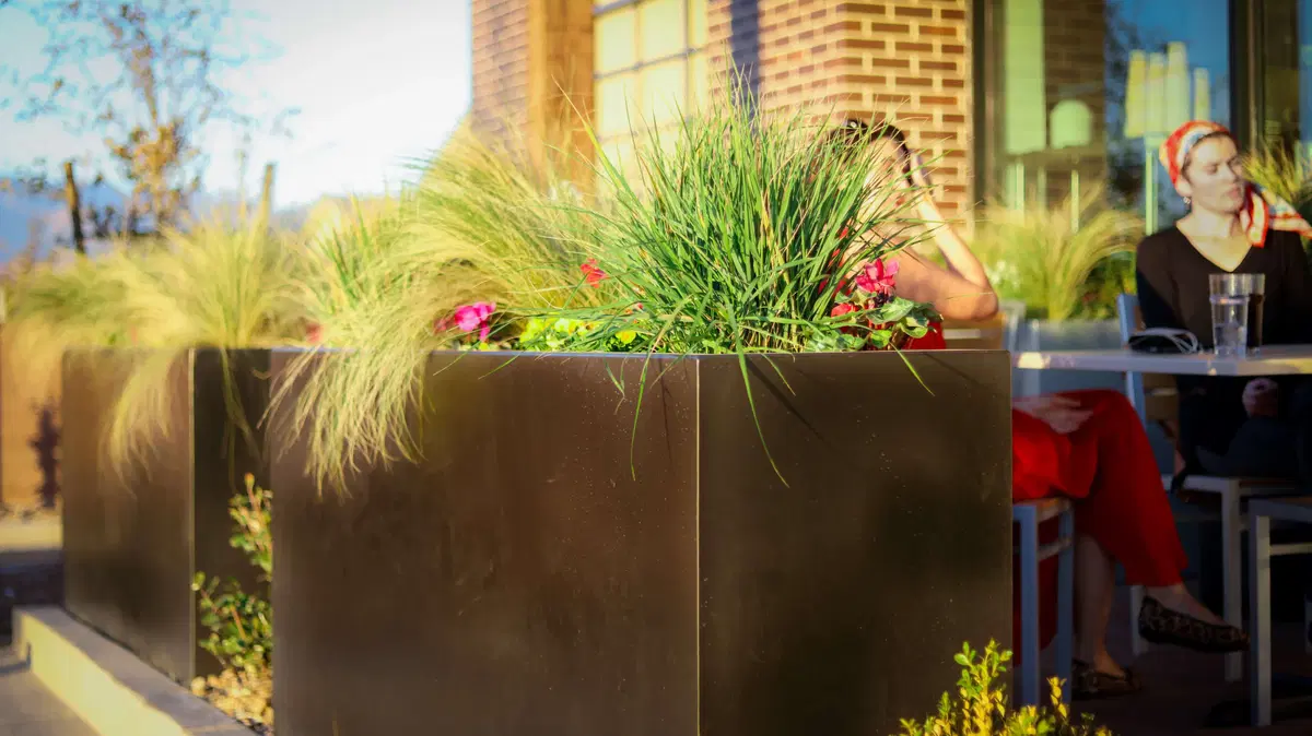 a custom metal planter brimming with plant life