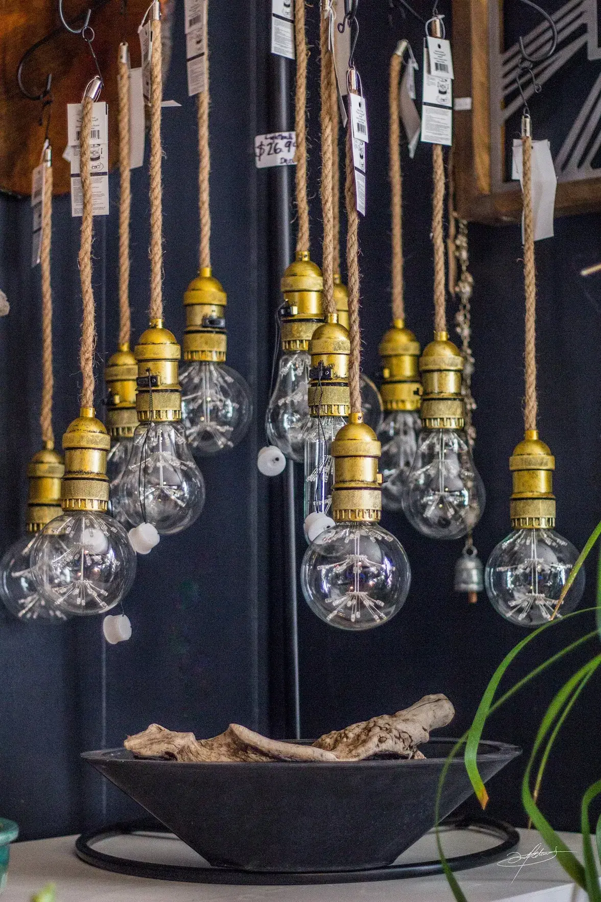 handing lightbulbs on rope, interior decor